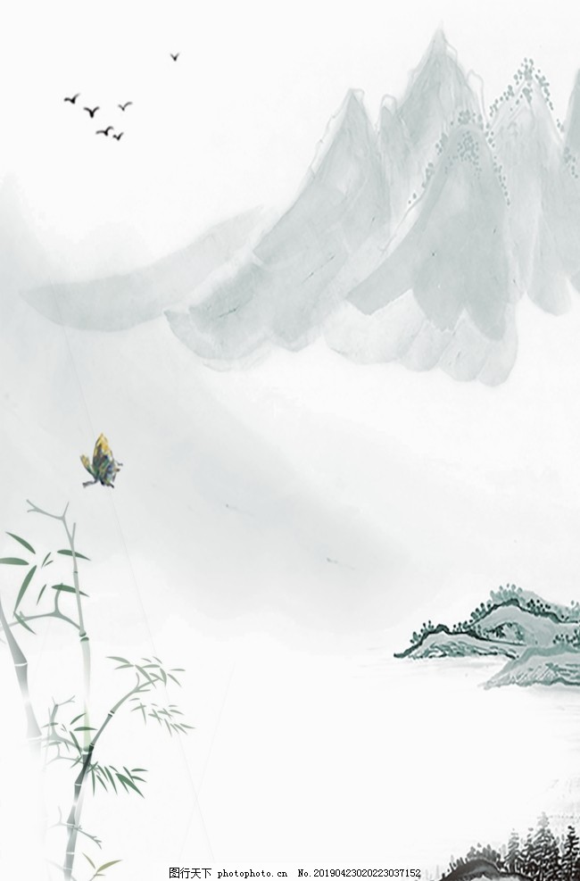 花鸟山水画 中国风 水墨工笔画 背景图