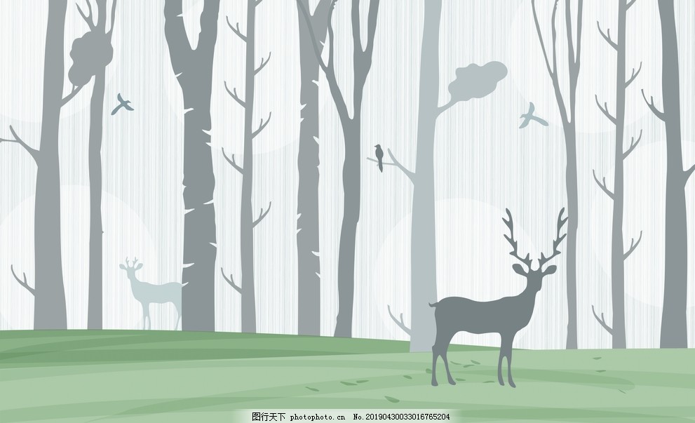 北欧麋鹿森林壁画背景图片 其他 Psd分层 图行天下素材网
